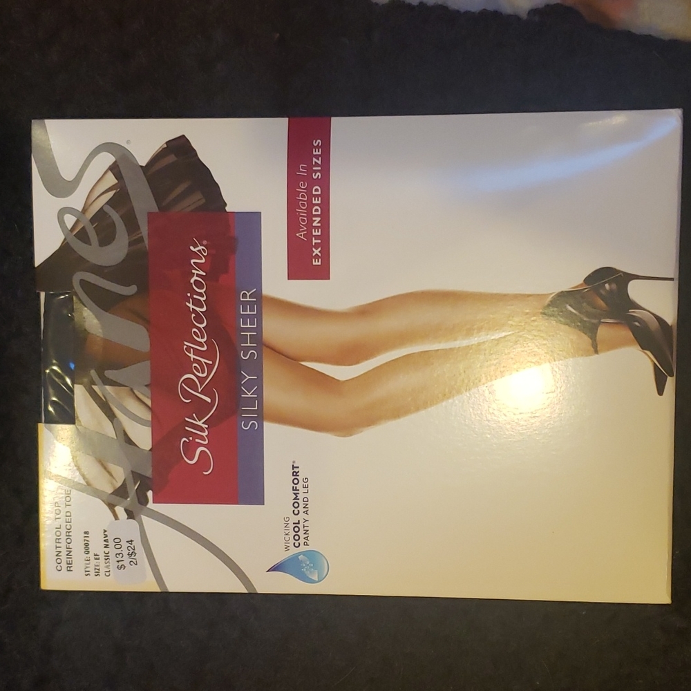 NWT Hanes Silk Reflections pr Control Top Reinforced Toe Navy sz EF
